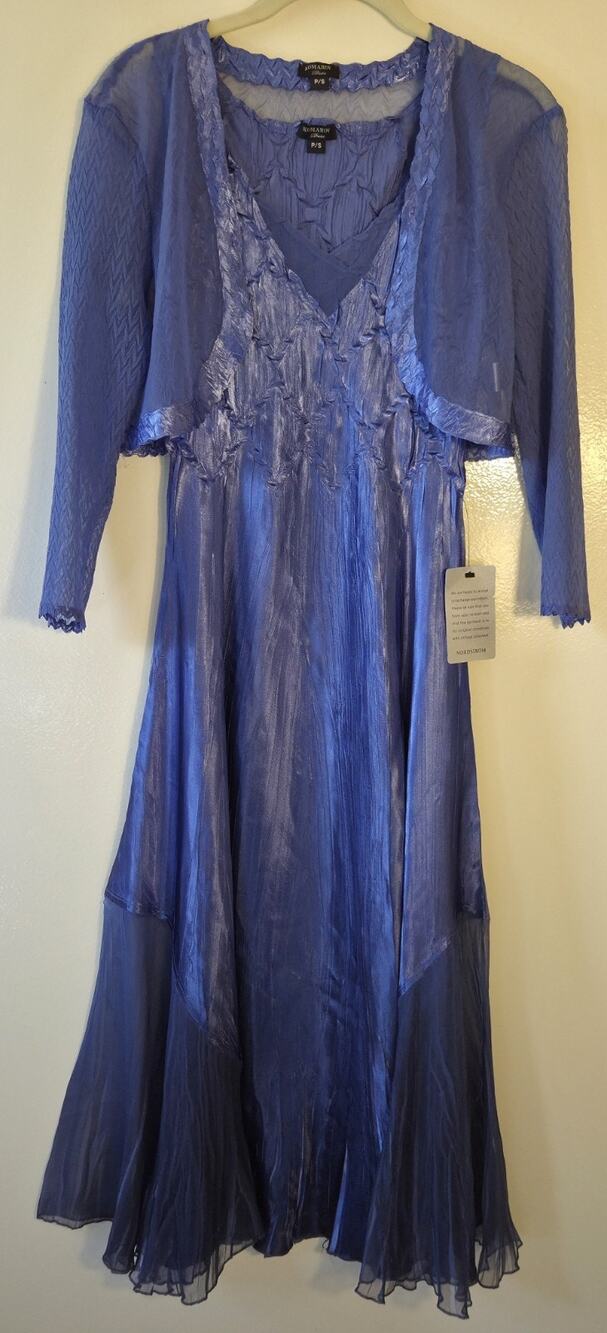 New Komarov V-Neck Layered Chiffon Periwinkle Dress Matching Sheer Jacket Size S